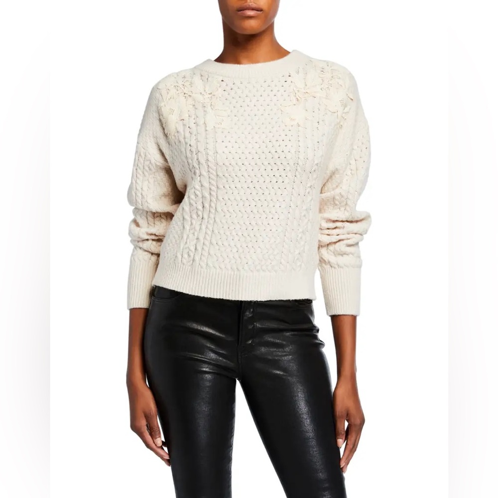 Rebecca Taylor Lace Applique Cream Cable Knit Pullover Sweater
